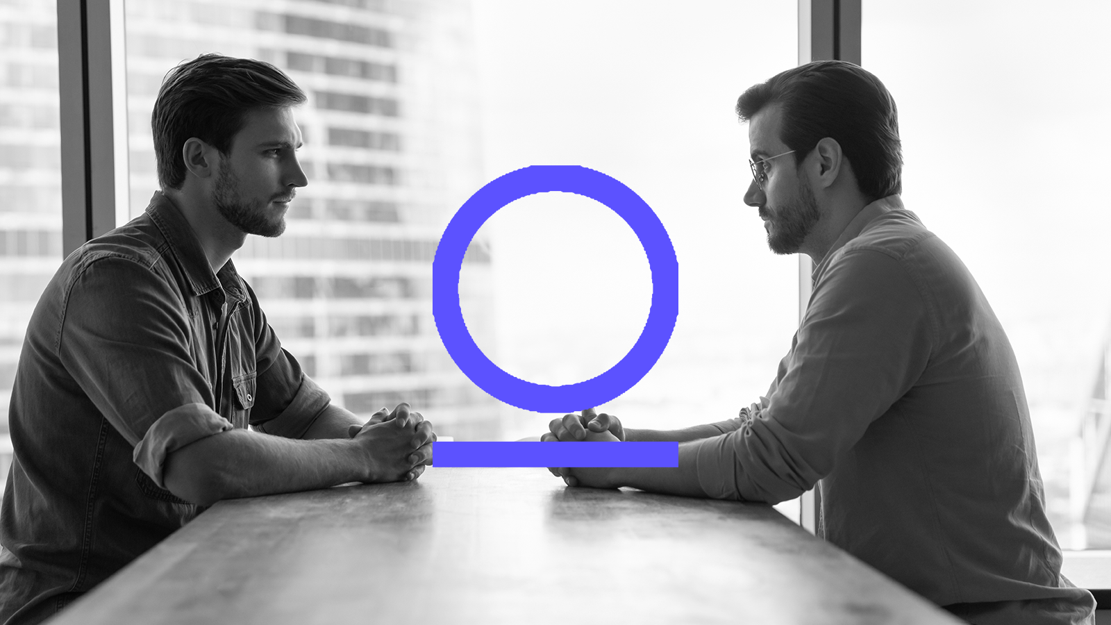 two men facing across a table and O icon
